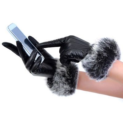 优质兔毛羊皮触屏女士手套真皮手套冬季保暖手套高档大气开车手套