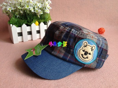 2014春秋季新款韩版卡通小熊可调节格子牛仔嘻哈棒球帽鸭舌帽子