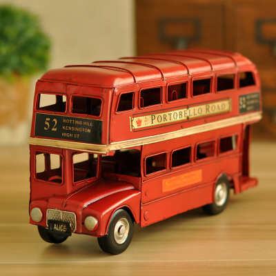 时尚复古怀旧铁艺红色公交巴士模型摆件创意个性书房客厅软装饰品
