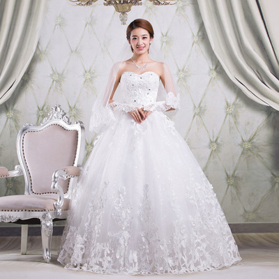 高端2014新款韩式版白色带钻时尚抹胸齐地婚纱 精典公主婚纱