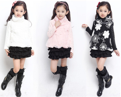 2014春装新款女童打底衫 韩版蕾丝印花长袖t恤 中大童高领两件套
