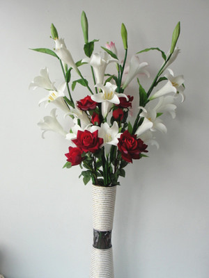 仿真花套装百合花5头 玫瑰3头组合 婚庆装饰花客厅摆放花