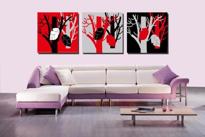 抽象黑白红爱情树客厅现代装饰画无框画背景墙壁挂画三联