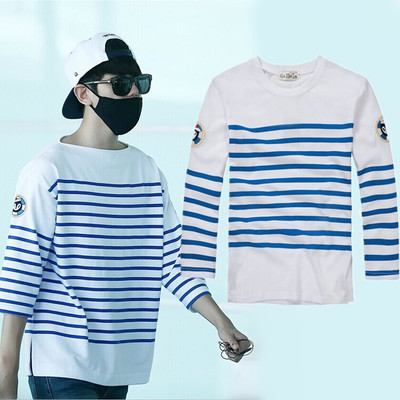2014秋EXO边伯贤白贤机场同款蓝色海军条纹圆领9分袖男女款T恤