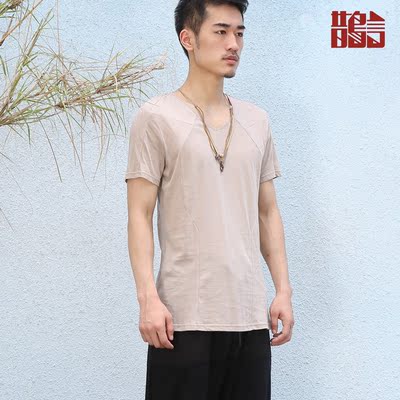 鹊言原创设计中国风文艺民族风结构设计短袖T恤V领全棉T恤男 夏装