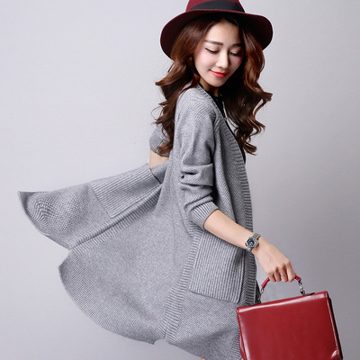 2015秋冬女装韩版纯色长袖针织开衫长款开叉V领口袋毛衣外套