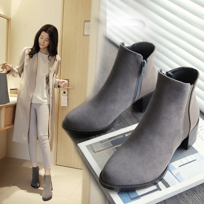 2016新款短靴女秋季踝靴侧拉链粗跟圆头中跟韩版单靴冬季磨砂靴子
