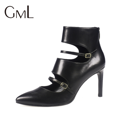 GML女鞋2016新款欧美时尚黑色牛皮皮带扣优雅镂空细高跟短靴2604H