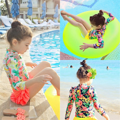 韩国童装 宝宝儿童女童裙式连体分体比基尼泳衣长 长袖防晒游泳衣