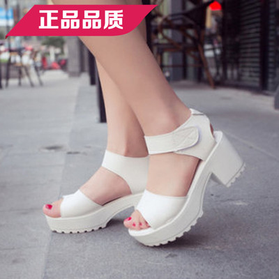 真皮2014夏季新款韩版女鞋凉鞋中跟女粗跟鱼嘴防水台白色松糕厚底