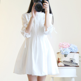 春款花边立领甜美学生小清新日系蕾丝连衣裙夏季韩版白色短裙裙子