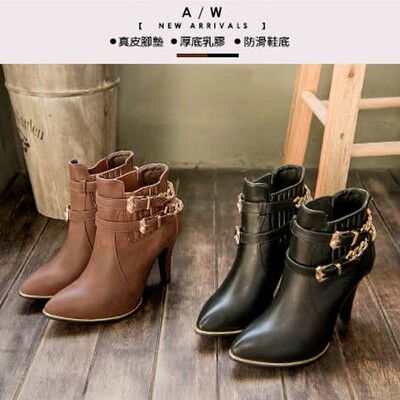 台湾代购性感【amai】皮帶裝飾金屬夾心尖頭短靴高跟鞋踝靴女靴