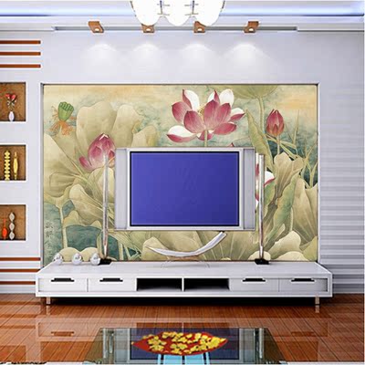 中式现代荷花3d无缝大型壁画客厅电视背景墙纸书房无纺布壁纸自粘