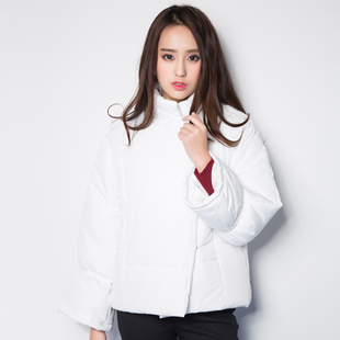 2015韩国新款 冬季大码宽松加厚长袖高领外套喇叭袖棉衣棉服 包邮