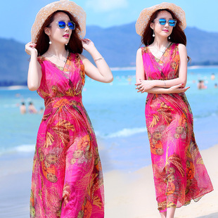 2015夏季大码女装飘逸海边度假沙滩裙波西米亚长裙夏连衣裙雪纺红