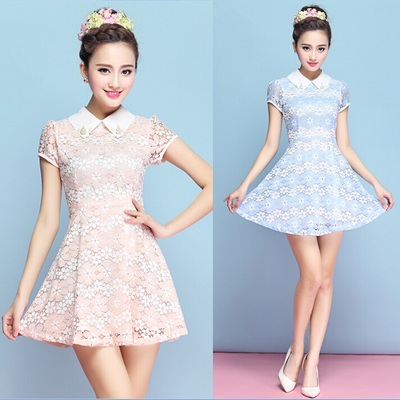 2015夏季新款韩版修身显瘦娃娃领短袖雪纺蕾丝连衣裙 女 公主裙子