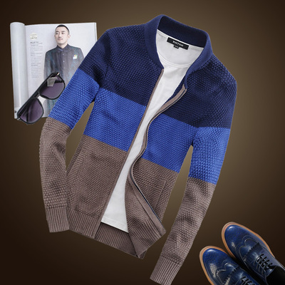 2015年男士针织衫韩版修身立领撞色薄款开衫商务青年毛衣男外套