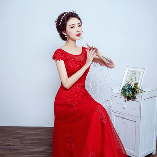 红色蕾丝短袖长款新娘装敬酒服婚礼婚纱晚宴年会礼服2016秋季新款