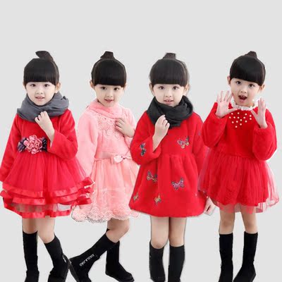 2015新年装女童冬装连衣裙加绒加厚长袖韩版宝宝刺绣儿童公主裙子