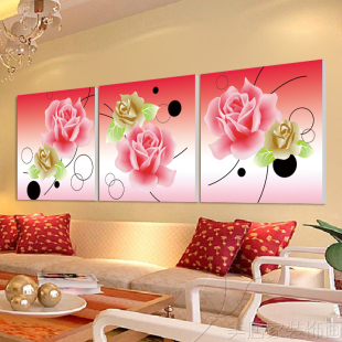 H水晶膜粉色玫瑰客厅沙发背景装饰画三联无框画花卉壁画卧室挂画
