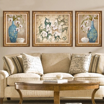 沙发背景墙装饰画客厅欧式现代挂画餐厅美式壁画玄关三联有框画鹿
