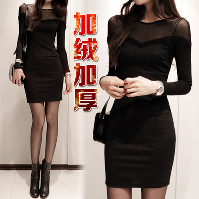 韩版时尚修身加绒网纱连衣裙长袖中长款蕾丝打底裙性感包臀裙冬裙