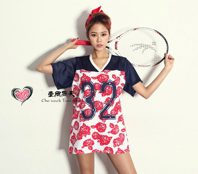 2014韩版Apink同款T恤 篮球服网球服印花拼接大码宽松V领女生T恤