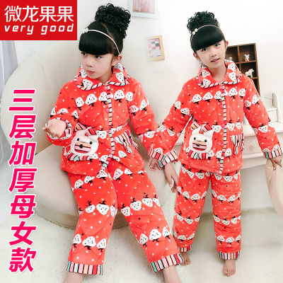 法兰绒儿童睡衣冬季加厚款珊瑚绒夹棉卡通女童小孩宝宝家居服套装