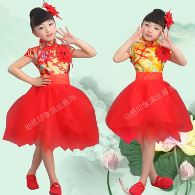 包邮新款女童古筝表演服儿童演出服龙袍中国风蓬蓬公主纱裙连衣裙