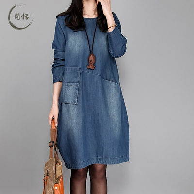 2015秋季新品韩版女装连衣裙  显瘦大码宽松长袖牛仔裙磨白牛仔裙