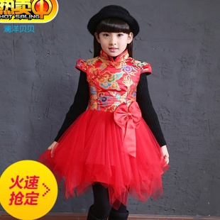 女童冬裙2015冬新款童装儿童中国风古典中大童连衣裙纱裙表演裙子