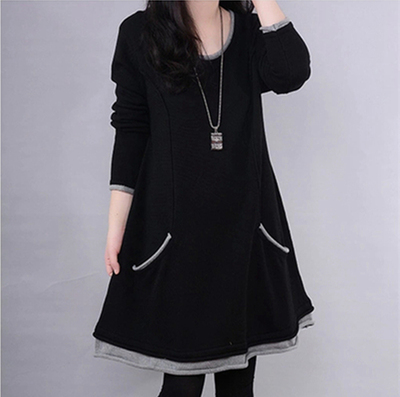 2015韩版女装秋冬新款长袖连衣裙加绒加厚显瘦保暖中长款打底衫