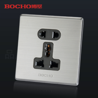 BOCHO博坚304不锈钢LED轻点开关插座面板墙壁银灰色D20多五孔插座