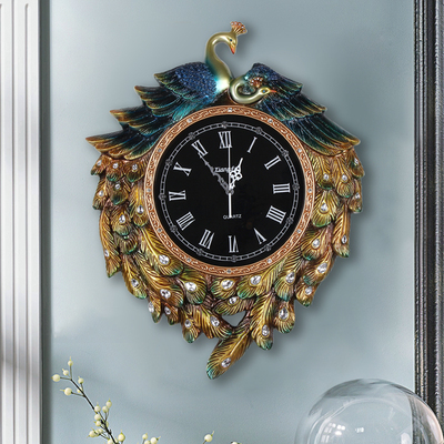 欧式树脂复古挂钟客厅餐厅大号壁钟豪华创意艺术钟镶钻孔雀静音钟