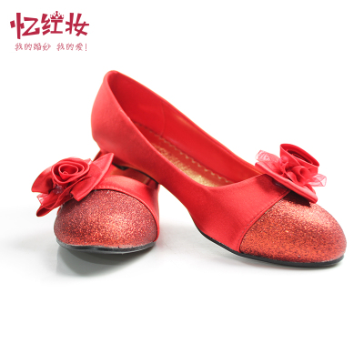 忆红妆 婚纱礼服新款2015 红色新娘婚鞋低跟鞋 大码孕妇可穿