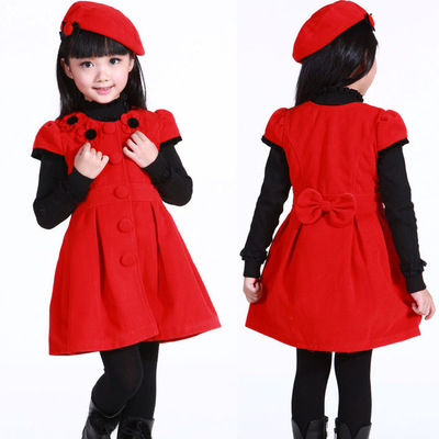 童装韩版冬装女童连衣裙童裙子+贝雷帽儿童套装两件套高档呢子裙