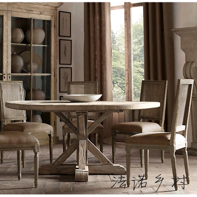 美式新古典实木圆桌餐厅餐桌法式橡木餐桌椅组合仿古复古做旧家具