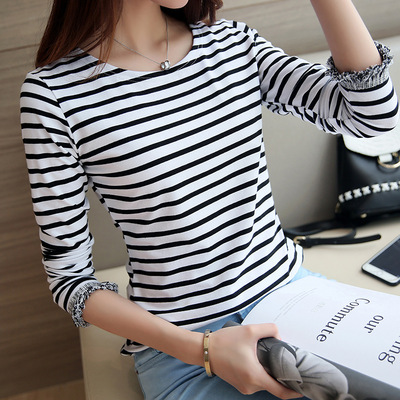 2016秋季新款韩版修身显瘦条纹长袖T恤女式打底衫女装一件代发