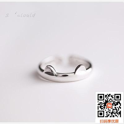 新款韩版S925纯银立体萌耳猫爪开口尾戒指环