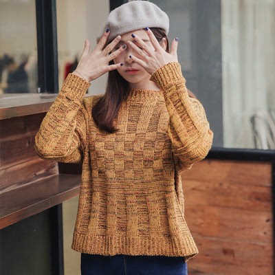 2015年冬季新款韩版简约宽松复古麻纹针织女毛衣杂线套头毛衣包邮
