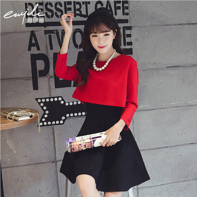 2016春装新款红色加厚长袖修身连衣裙女韩版打底衫套装裙子两件套