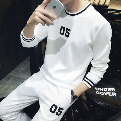 秋季韩版修身男士休闲长袖卫衣黑白撞色时尚男青少年潮款运动套装