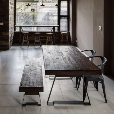 loft北欧实木餐桌椅组合客厅茶桌实木板铁艺长方形餐桌长凳定制