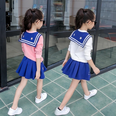 女童套装2016新款儿童秋装休闲海军学院风卫衣+短裙两件套装