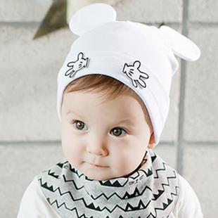 儿童帽子 韩国米奇耳朵婴儿童帽子宝宝翻边套头帽春秋纯棉包头帽