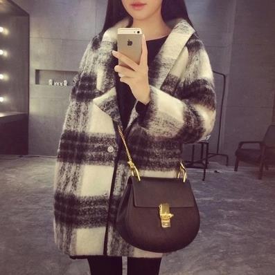 2015冬季新款韩版经典黑白格气质毛呢大衣女中长款显瘦外套女 潮