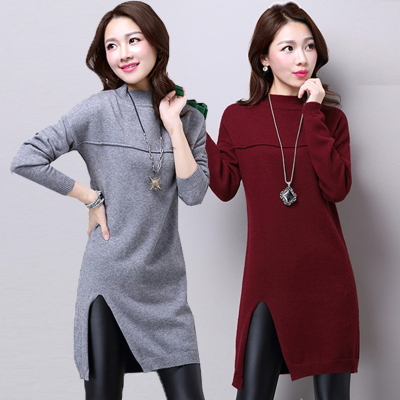 2015冬装新款女韩版蕾丝下摆开叉纯色针织衫半高领打底衫大码毛衣