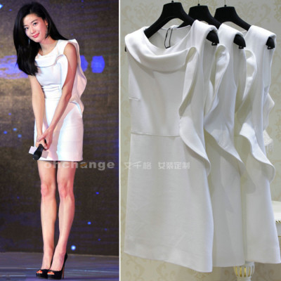 2015春夏韩版新款 高端定制同款连衣裙白色优雅无袖荷叶边短裙女