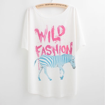 2015夏装 新款韩版斑马字母图案蝙蝠袖宽松短袖女t恤打底衫 包邮