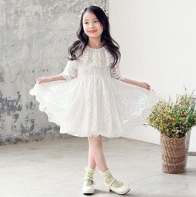 春夏季新款韩版女童装短袖连衣裙儿童纯棉蕾丝花边白色公主裙童裙